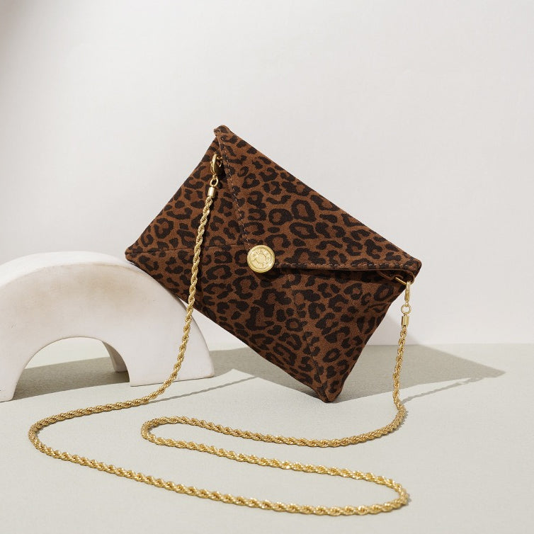 Retro Suede Genuine Leather Leopard Envelope Clutch Bag