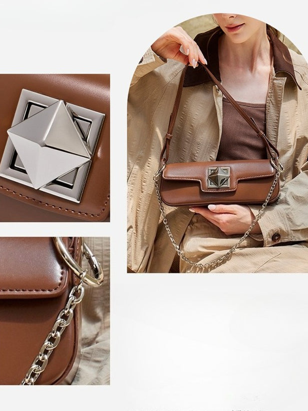 Minimalist Smooth Genuine Leather Silver Buckle Baguette Bag