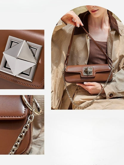 Minimalist Smooth Genuine Leather Silver Buckle Baguette Bag