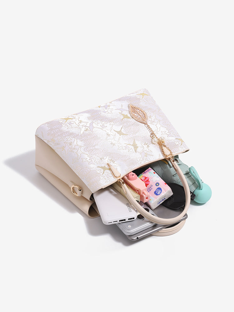 Sophisticated Oriental Jacquard Vegan Eco‑Leather Clutch Bag with Leaf Charm