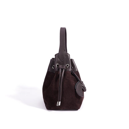 Chic Suede Leather Drawstring Bucket Bag with Horse Charm