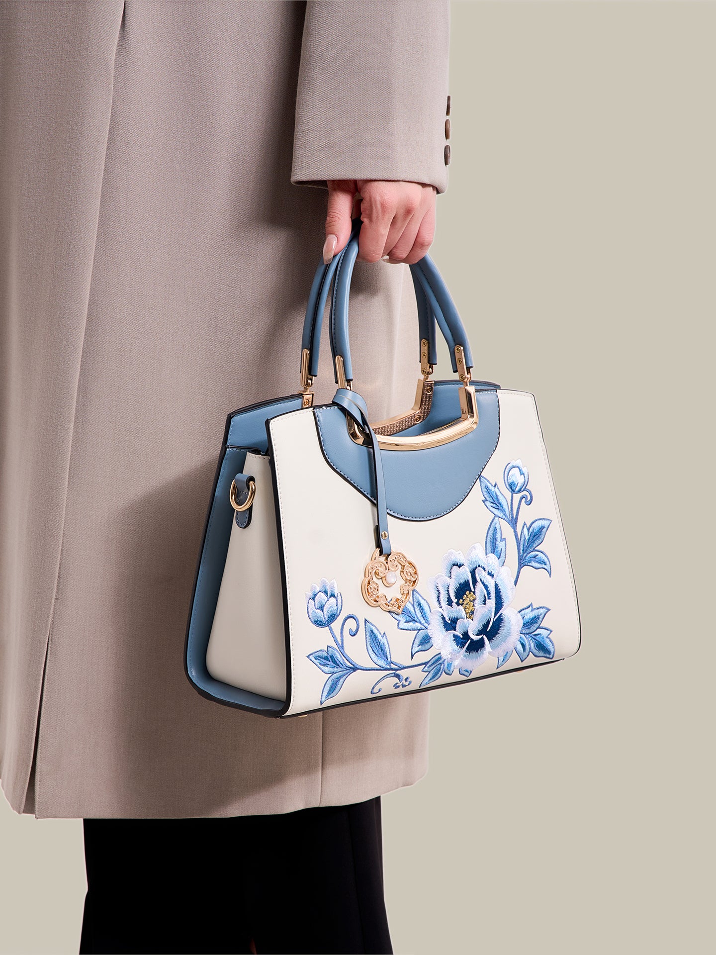 Elegant Peony Embroidered Vegan Eco-Leather Clutch Bag with Charm