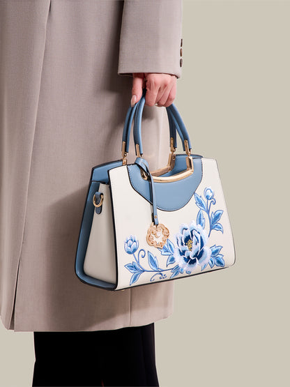 Elegant Peony Embroidered Vegan Eco-Leather Clutch Bag with Charm