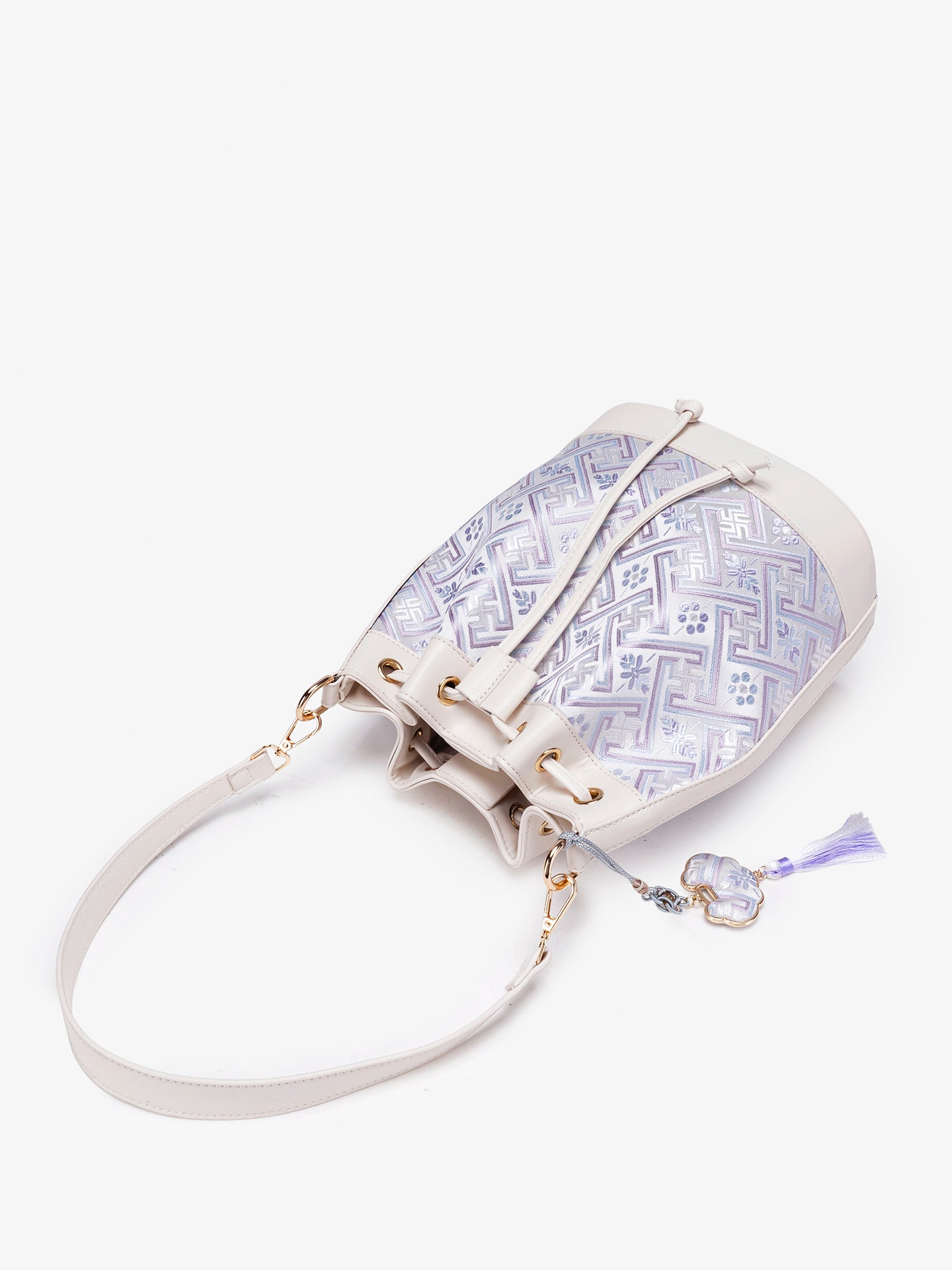 Gentle Oriental Brocade Vegan Eco-Leather Bucket Clutch Bag with Tassel Charm