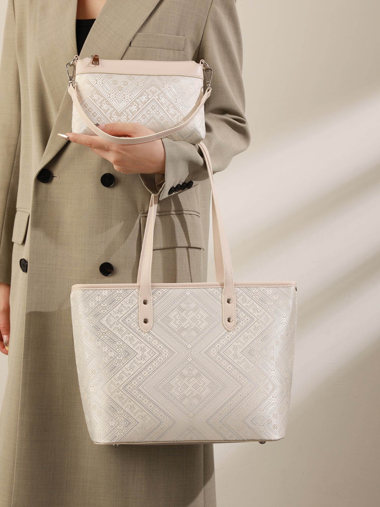 Refined Geometric Jacquard Vegan Eco-Leather Tote Clutch Bag