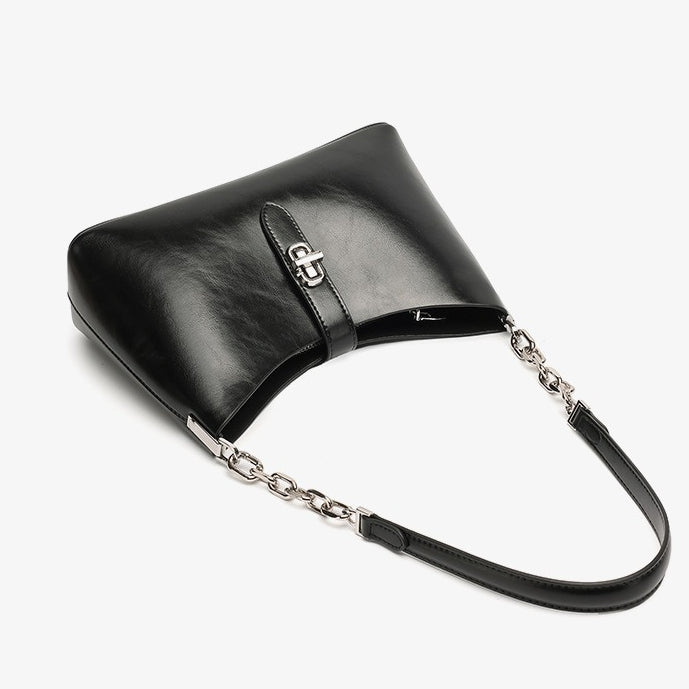 Classic Genuine Leather Underarm Bag with Metal Buckle