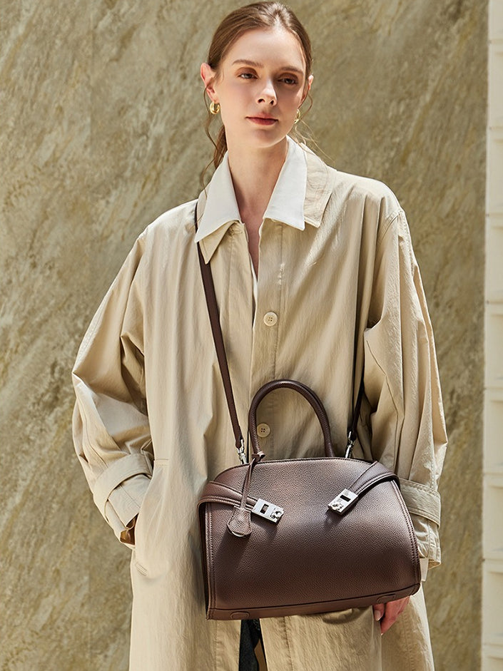 Luxury Retro Genuine Leather Lychee Pattern Double Buckle Tote Crossbody Bag