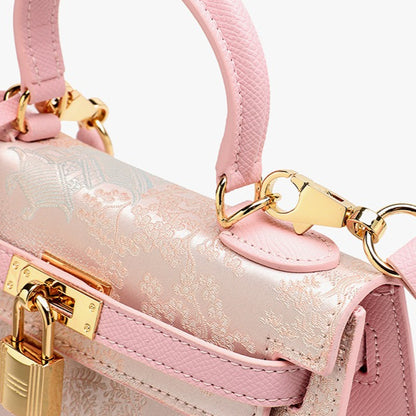 Elegant Oriental Brocade Genuine Leather Kelly Clutch Bag with Charm