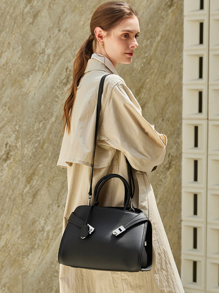 Luxury Retro Genuine Leather Lychee Pattern Double Buckle Tote Crossbody Bag