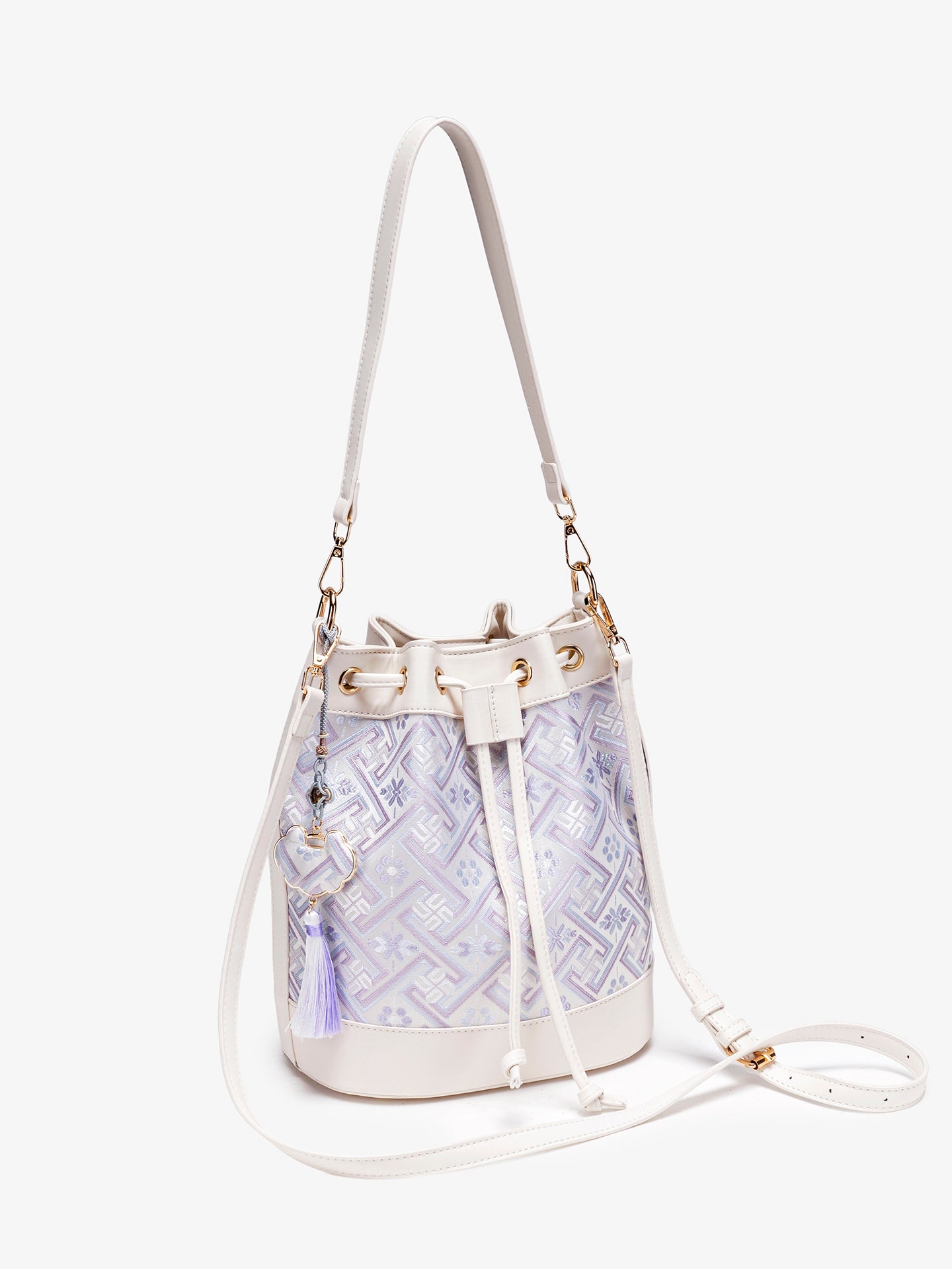 Gentle Oriental Brocade Vegan Eco-Leather Bucket Clutch Bag with Tassel Charm