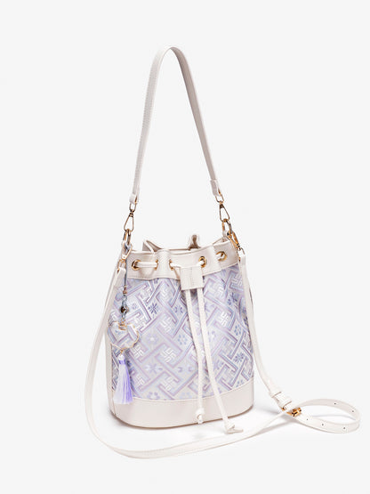 Gentle Oriental Brocade Vegan Eco-Leather Bucket Clutch Bag with Tassel Charm