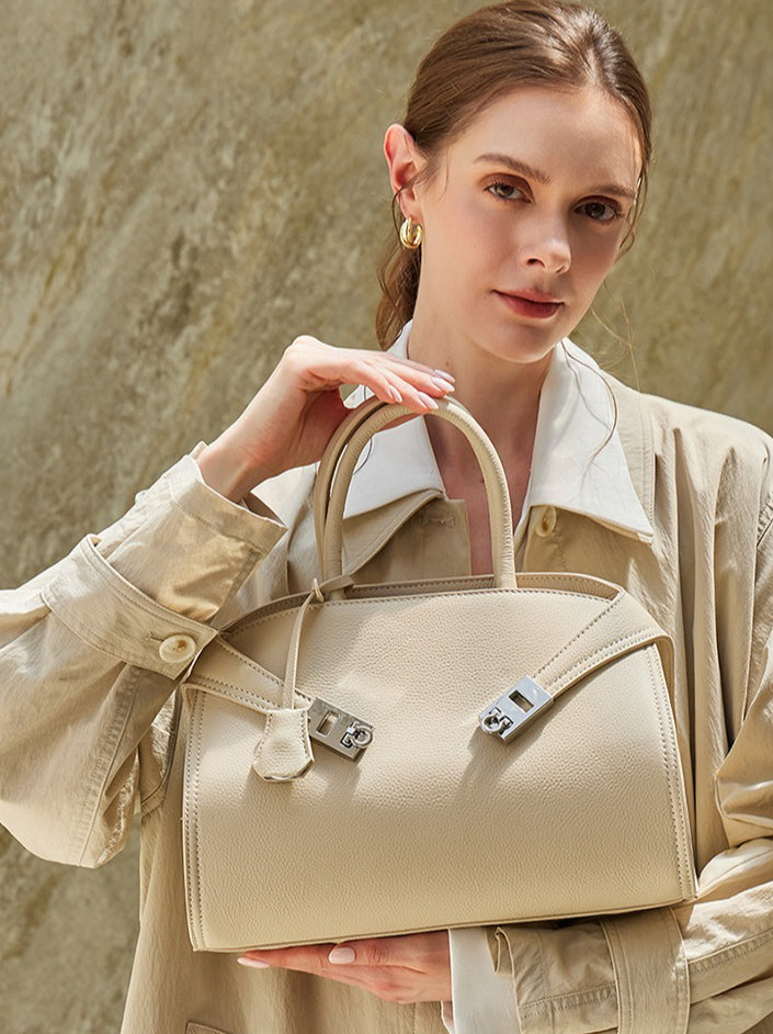 Luxury Retro Genuine Leather Lychee Pattern Double Buckle Tote Crossbody Bag