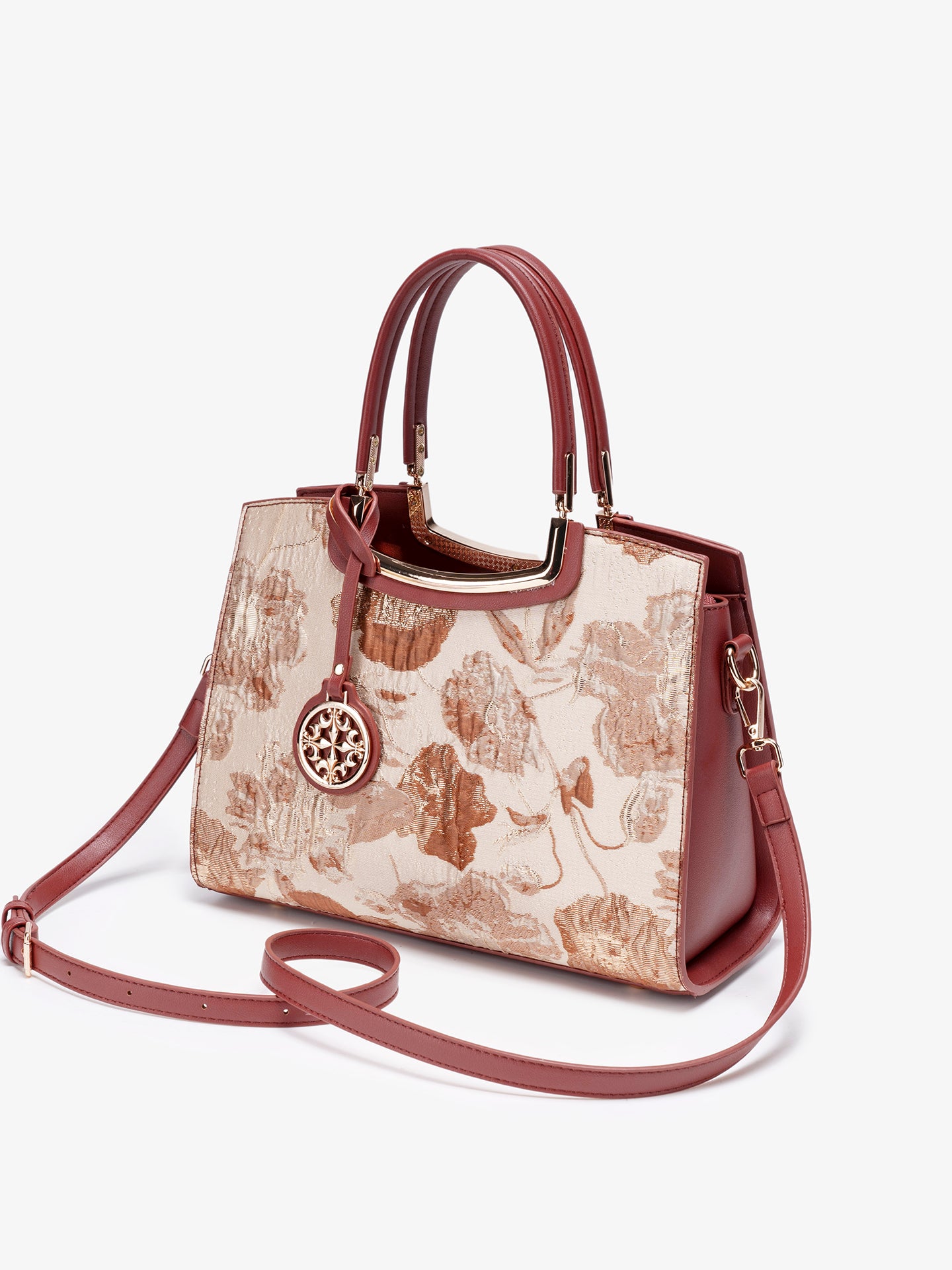 Romantic Floral Vegan Eco-Leather Tote Clutch Bag with Hollow Metal Charm