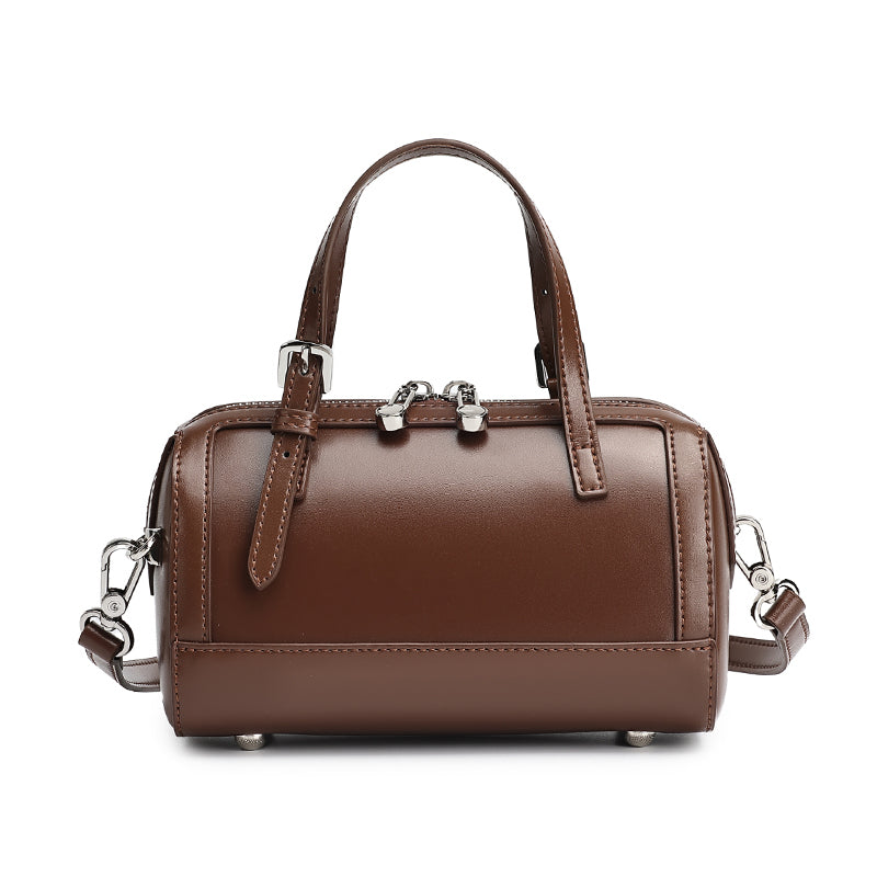 Retro Maillard Genuine Leather Boston Barrel Bag