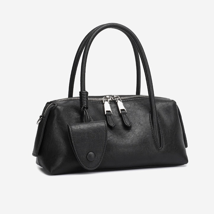 Minimalist Genuine Leather Boston Clutch Bag with Detachable Leather Tag Charm