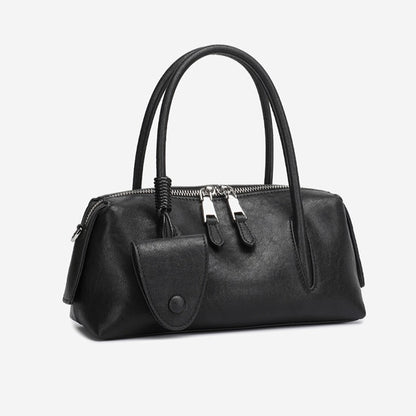Minimalist Genuine Leather Boston Clutch Bag with Detachable Leather Tag Charm