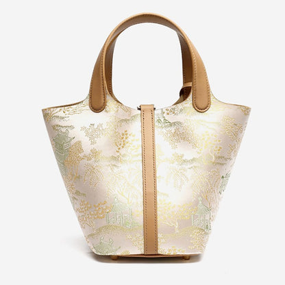 Serene Oriental Garden Genuine Leather Bucket Clutch Bag with Charm