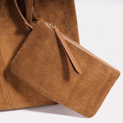Geantă clutch tote vintage din piele întoarsă naturală, cu portmoneu pentru monede