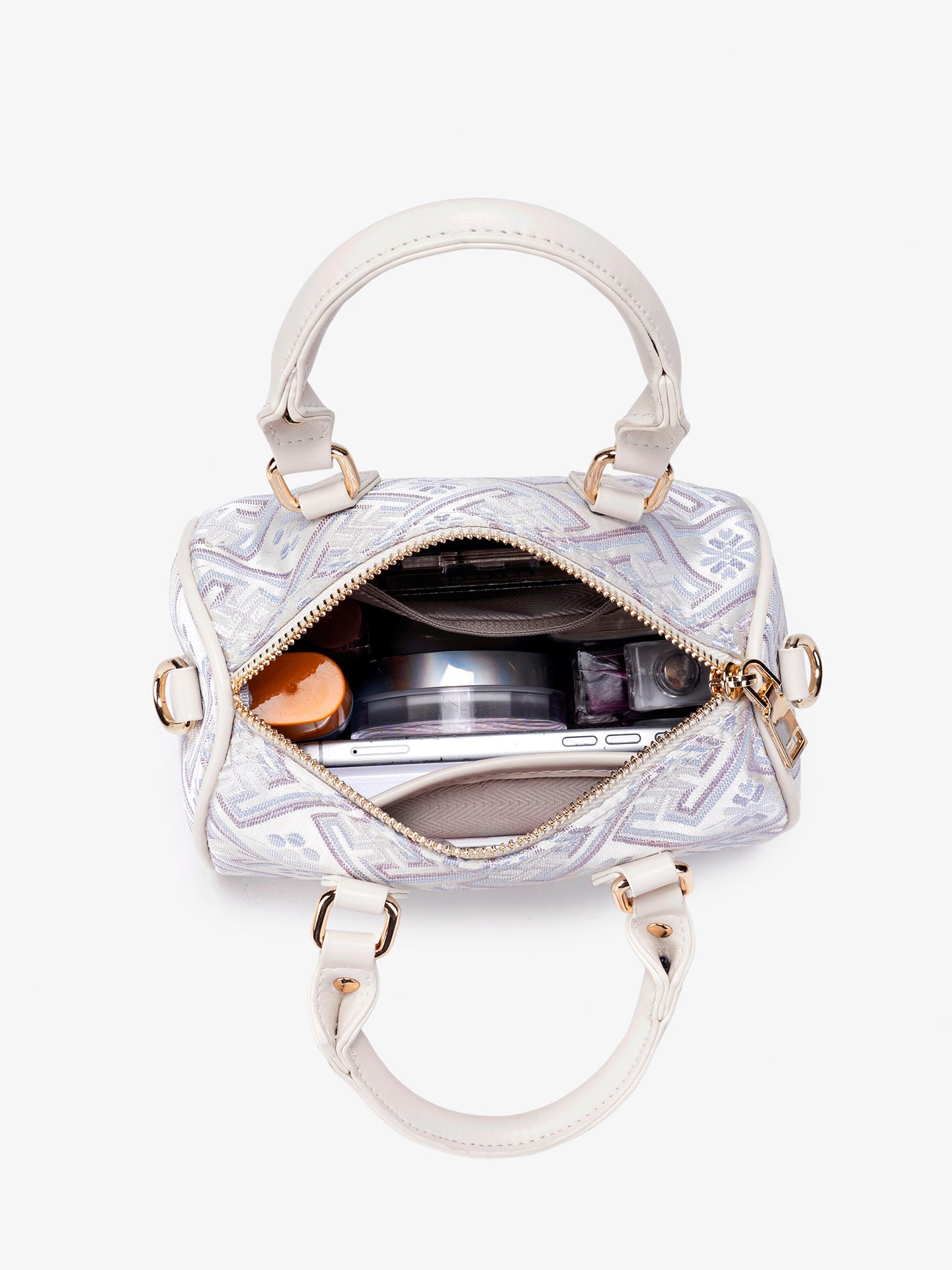 Refined Oriental Brocade Motif Vegan Eco-Leather Boston Clutch Bag