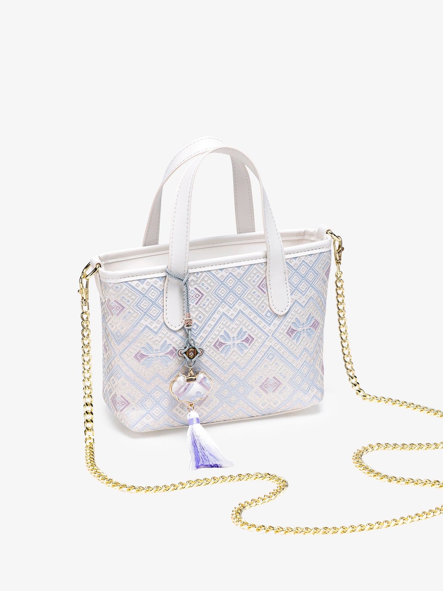 Serene Oriental Brocade Vegan Eco-Leather Mini Tote Clutch Bag with Tassel Charm