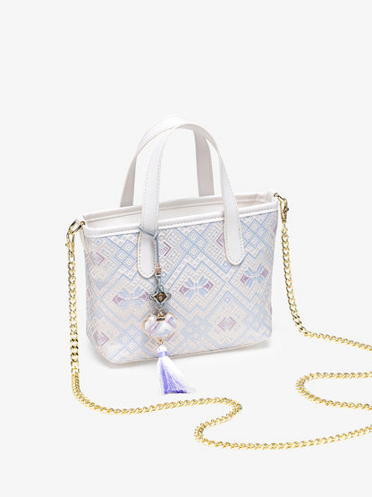 Serene Oriental Brocade Vegan Eco-Leather Mini Tote Clutch Bag with Tassel Charm