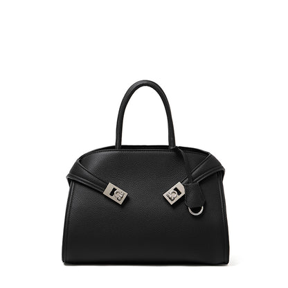 Borsa tote a tracolla di lusso retrò in vera pelle effetto litchi con doppia fibbia