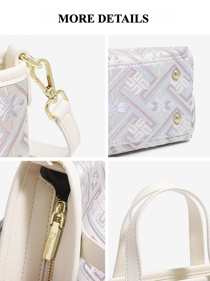 Mellow Oriental Jacquard Vegan Eco-Leather Tote Clutch Bag with Tassel Charm