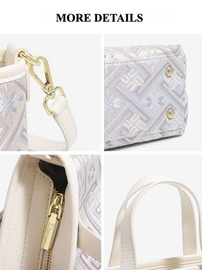 Mellow Oriental Jacquard Vegan Eco-Leather Tote Clutch Bag with Tassel Charm