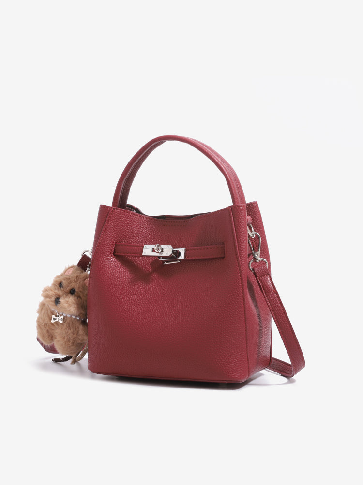 Minimalist Vegan Eco-Leather Mini Bucket Clutch Bag with Lovely Dog Charm
