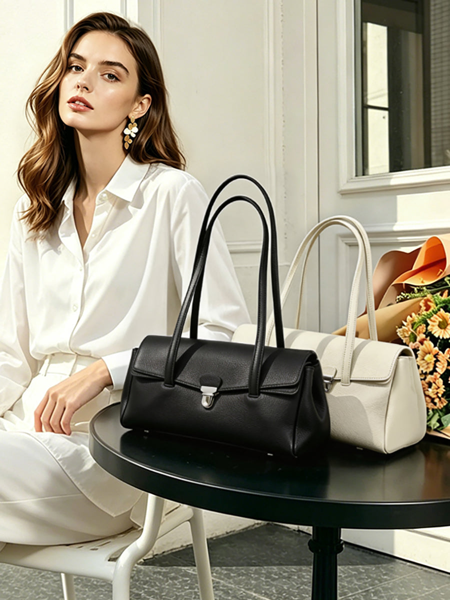 Sac pochette fourre-tout en cuir véritable à texture grainée grain de riz élégante