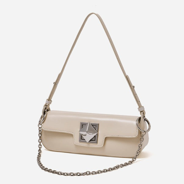 Minimalist Smooth Genuine Leather Silver Buckle Baguette Bag