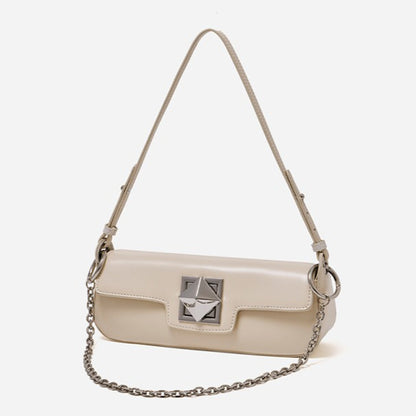 Minimalist Smooth Genuine Leather Silver Buckle Baguette Bag