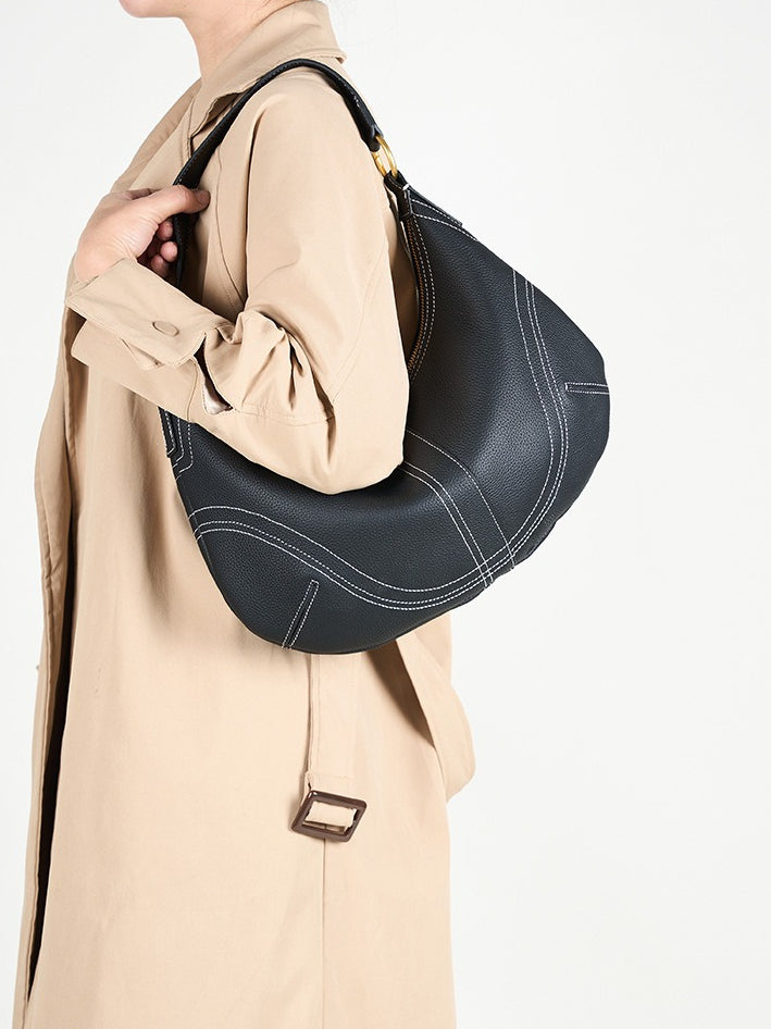The Pebbled Genuine Leather Hobo Shoulder Bag with Contrast Stitching