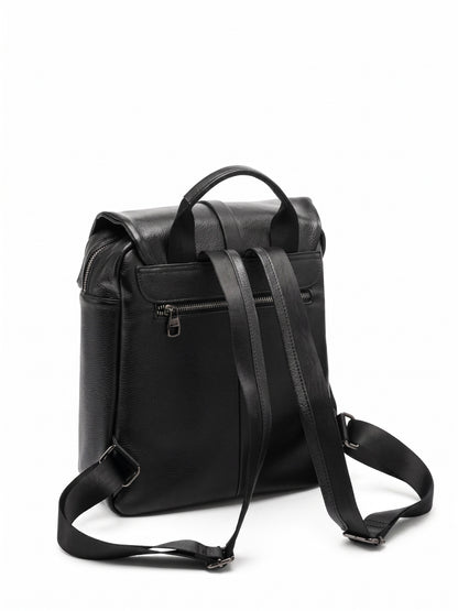 Sac à dos à rabat en cuir véritable grainé grande capacité minimaliste