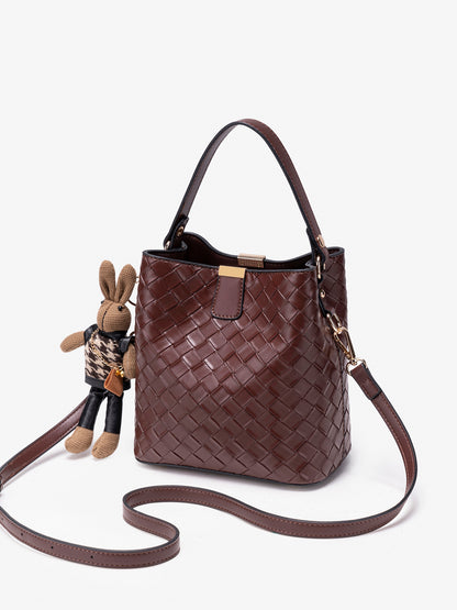 Retro Woven Vegan Eco-Leather Bucket Clutch Bag With Stuffed Bunny Charm