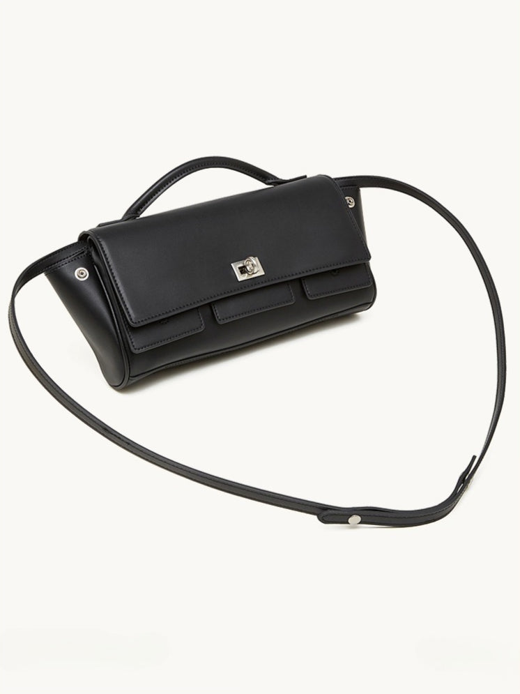 The Linear Turn-Lock Genuine Leather Bag | Minimalist East-West Handbag