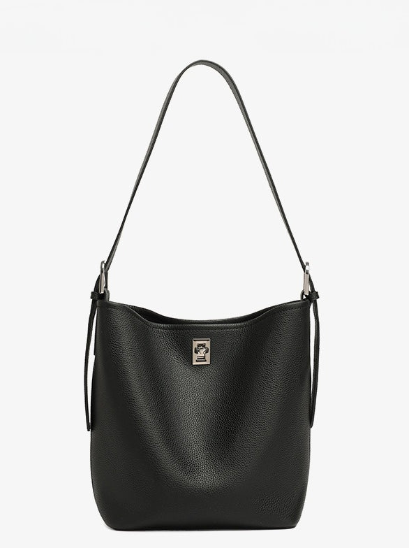 Sculpted Genuine Leather Medium Bucket Bag with Clean Linear Topstitching