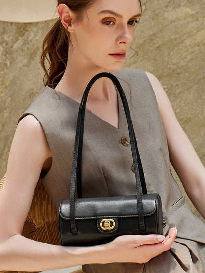 Nostalgic Caviar Genuine Leather Baguette Tube Clutch Bag