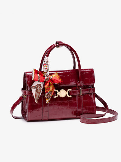 Gentle Glossy Croc Vegan Eco-Leather Satchel Clutch Bag with Silk Scarf Charm