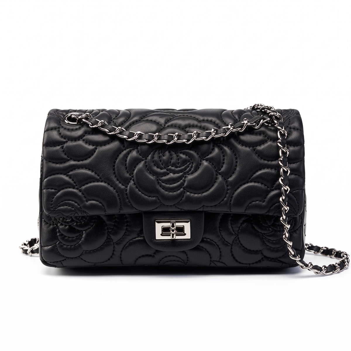 Geantă crossbody matlasată pentru femei, din piele naturală de oaie, cu lanț și model Camellia