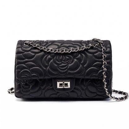 Geantă crossbody matlasată pentru femei, din piele naturală de oaie, cu lanț și model Camellia