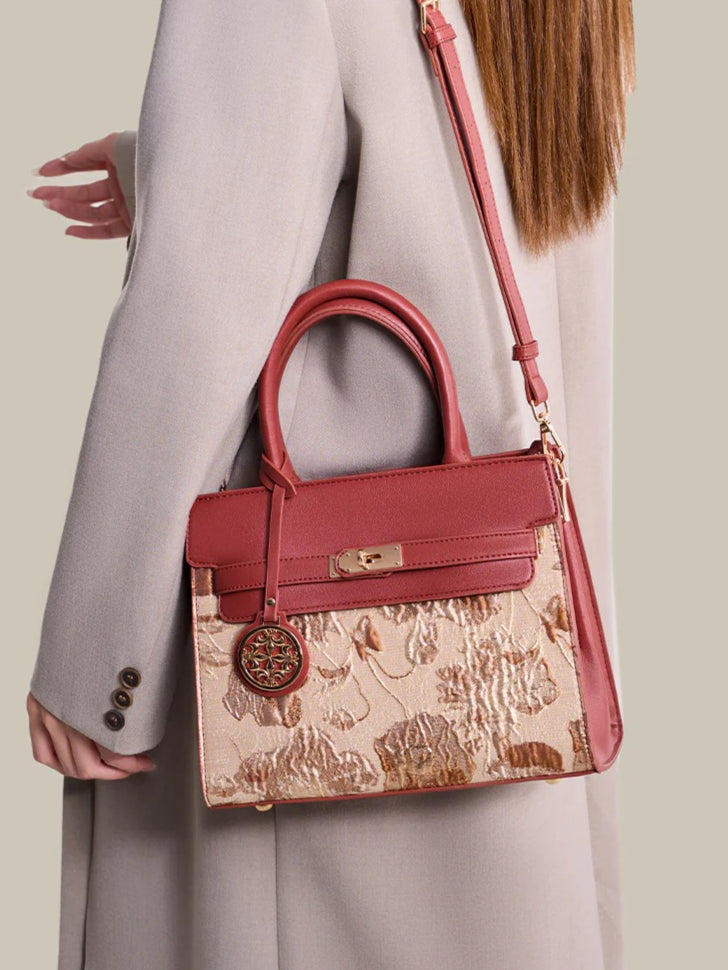 Classic Floral Vegan Eco-Leather Tote Clutch Bag with Metal Ornament Charm