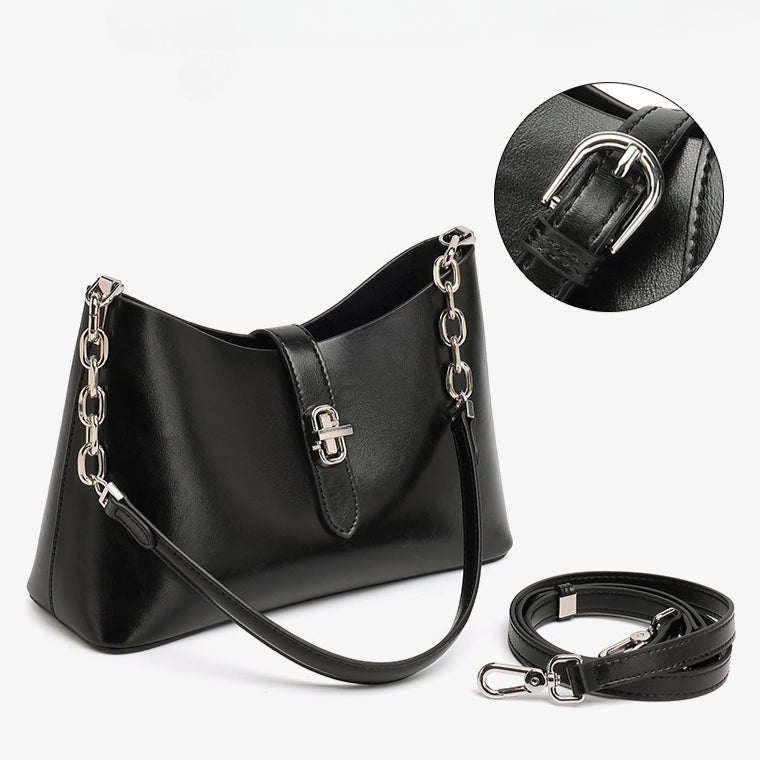 Classic Genuine Leather Underarm Bag with Metal Buckle