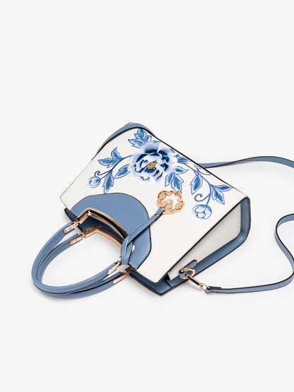 Elegant Peony Embroidered Vegan Eco-Leather Clutch Bag with Charm