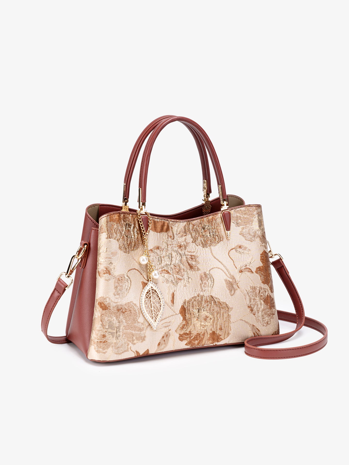Quiet Luxe Floral Vegan Eco-Leather Clutch Bag with Leaf Charm