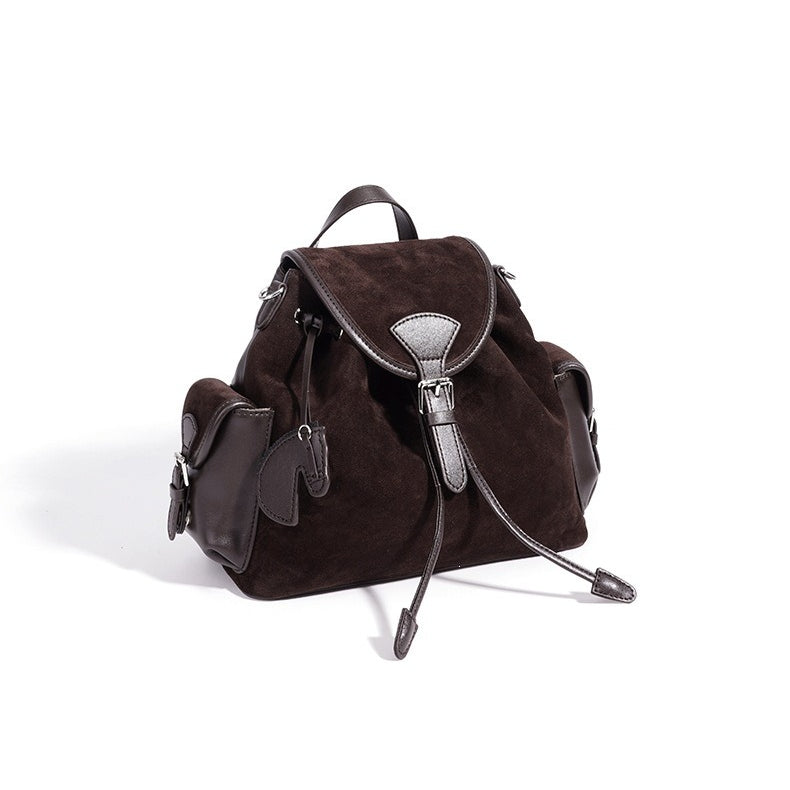Mochila vintage de cuero genuino de ante con solapa y cordón