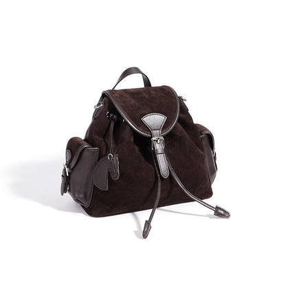 Mochila vintage de cuero genuino de ante con solapa y cordón