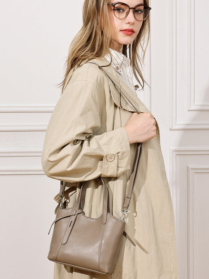 Sleek Genuine Leather Mini Bucket Clutch Bag with Adjustable Straps