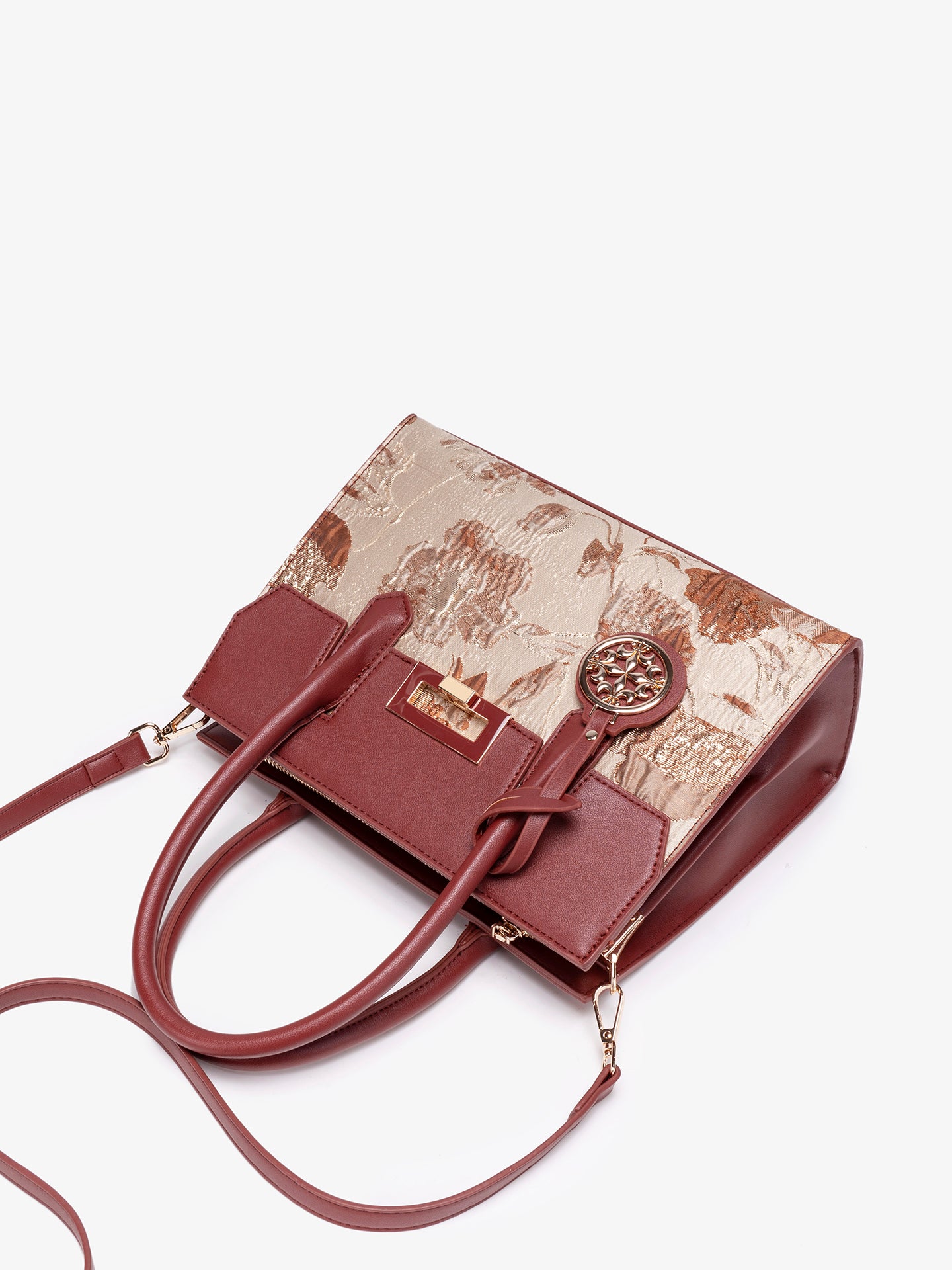 Classic Jacquard Vegan Eco-Leather Satchel Clutch Bag With Metal Charm