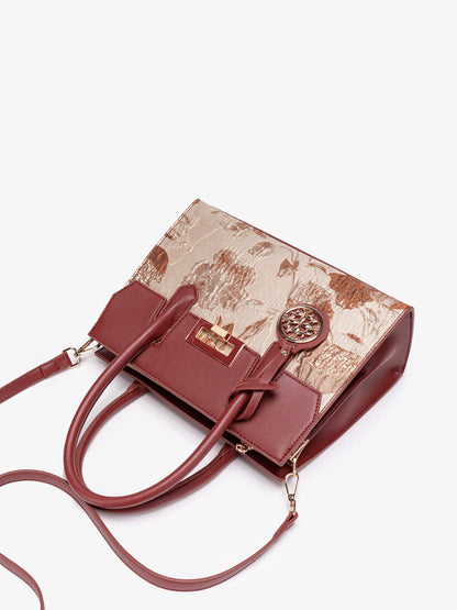 Classic Jacquard Vegan Eco-Leather Satchel Clutch Bag With Metal Charm